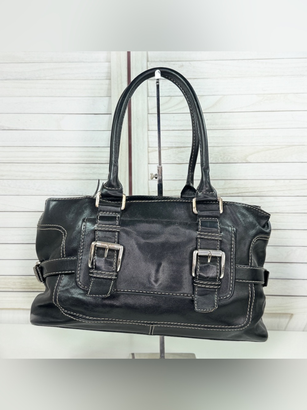 Vintage Y2K Michael Kors Buckle Front Strap Leather Satchel Bag Black Twee